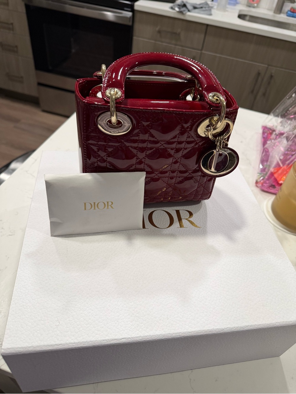 Dior Patent Quilted Mini Top-Handle in Deep Red with Gold Hardware